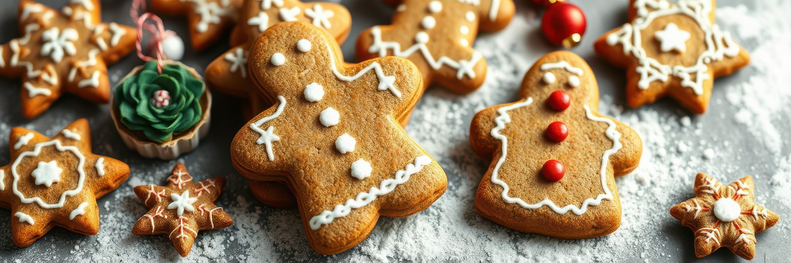 Gingerbread cookies with festive decorations arranged on a flour-dusted surface during winter holiday celebrations